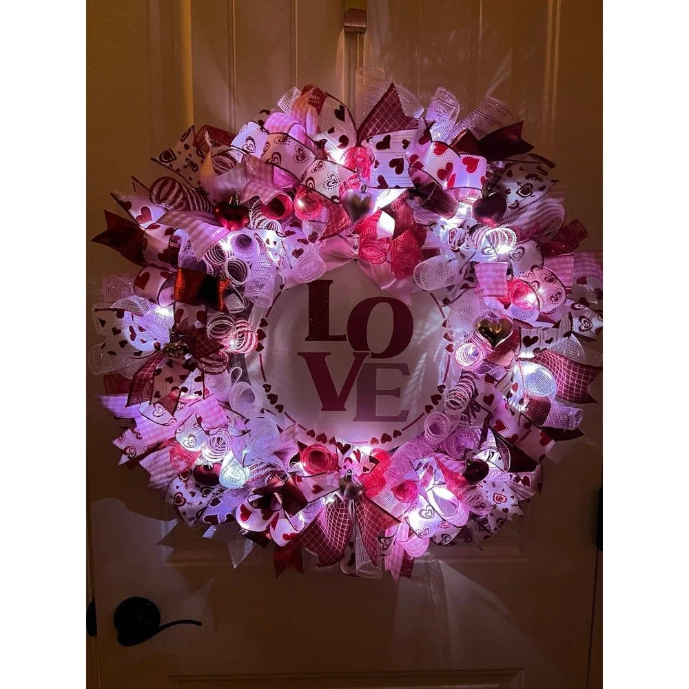 XL Handmade Valentine’s LOVE Ribbon Prelit Wreath 26 ins LED XLW4